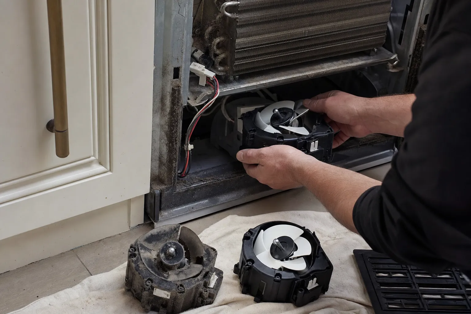 Hands fitting a replacement condenser fan motor into the base of a refrigerator, old fan alongside