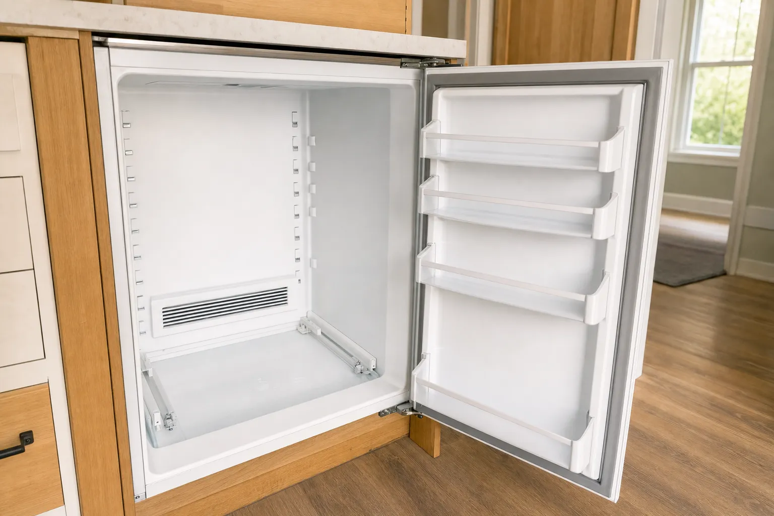 Panel-ready undercounter refrigerator in wood cabinetry, door open on an empty interior, shelves out