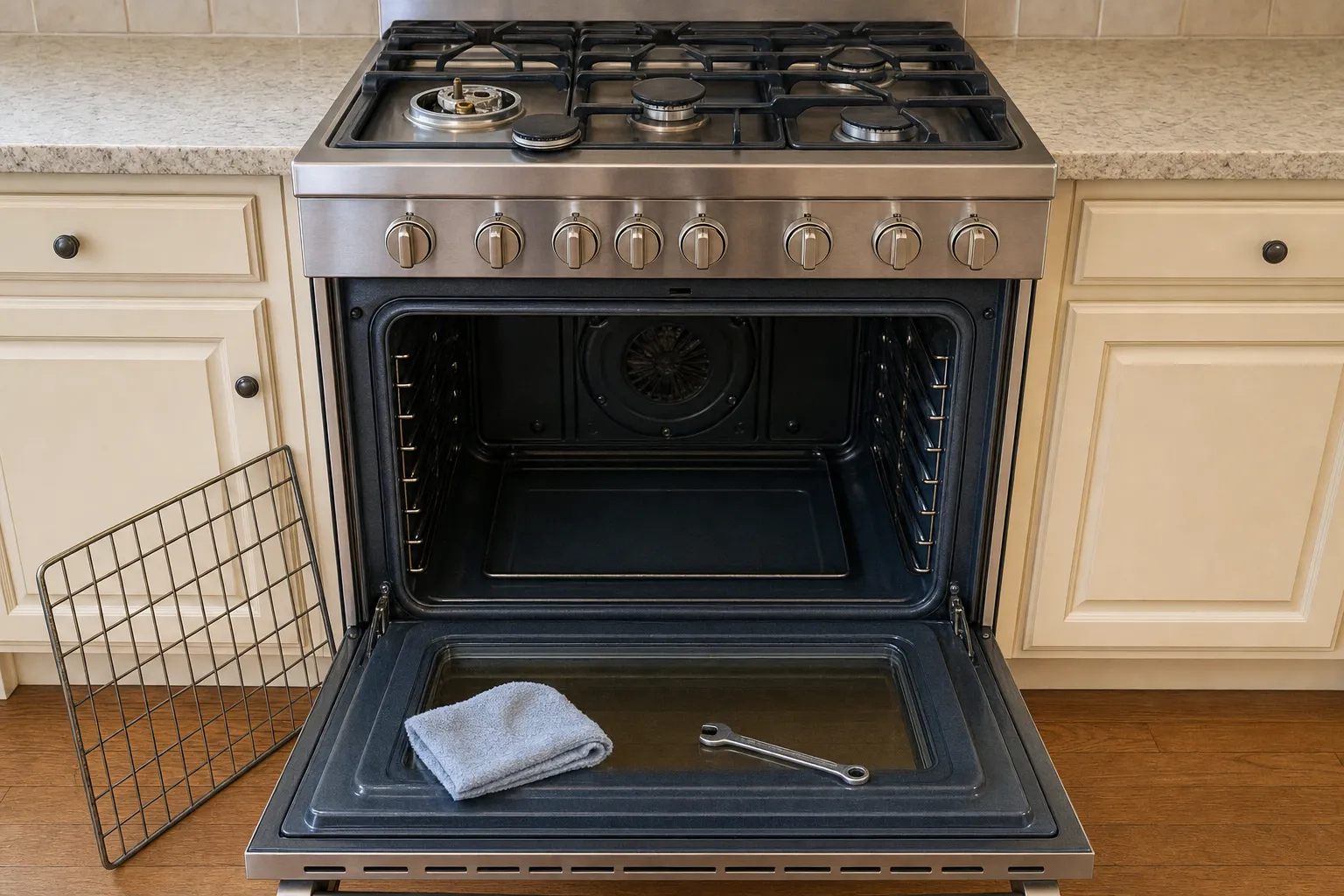Gas range with the oven door lowered, empty cavity and convection fan cover, rack leaning nearby