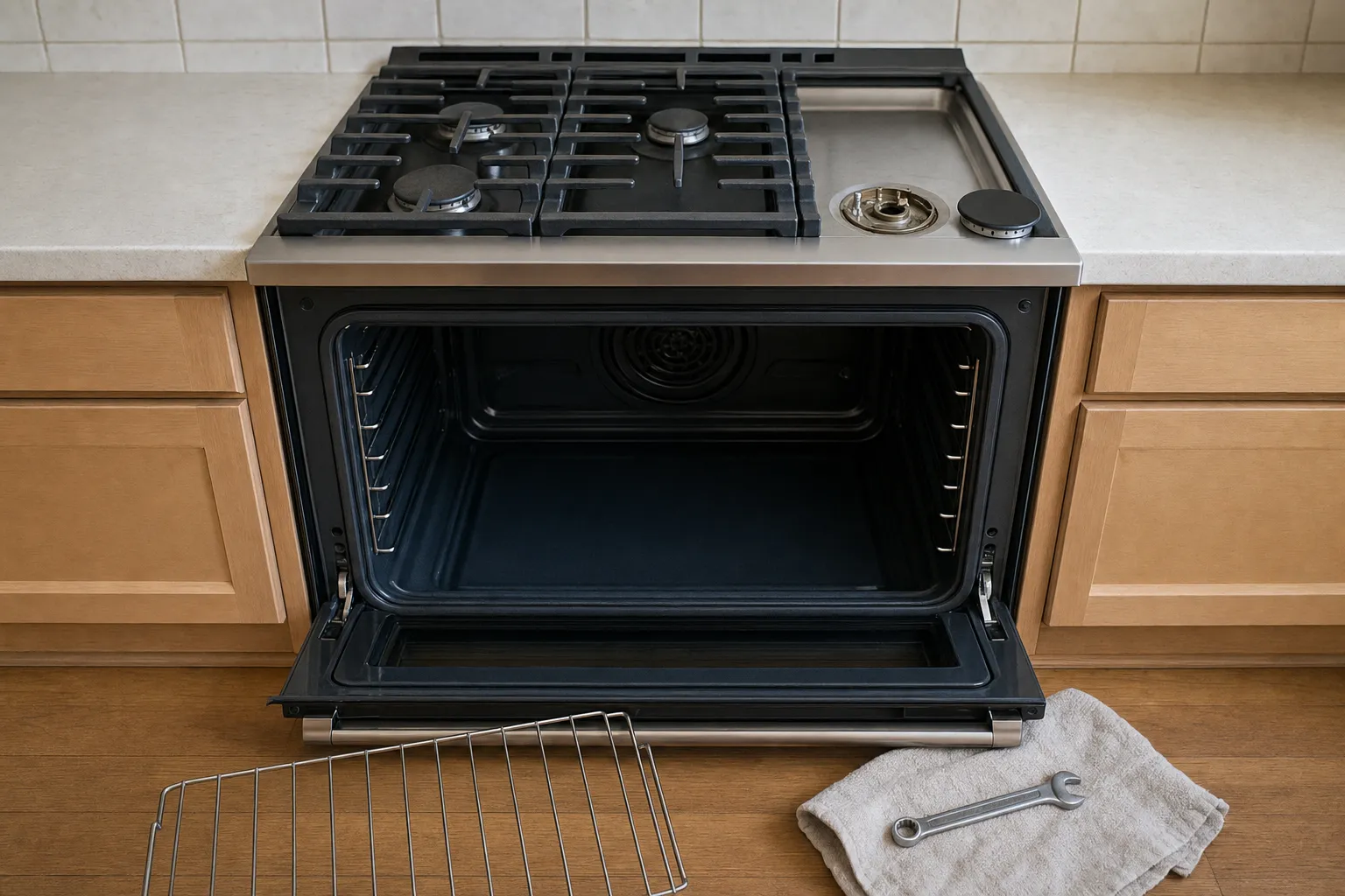Slide-in gas range seen from above, oven door down and rack on the floor, one burner uncapped