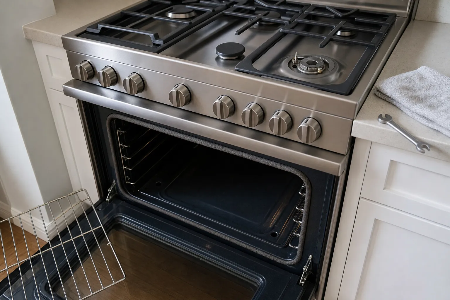 Stainless gas range with the oven door open and the rack removed, wrench and towel on the counter