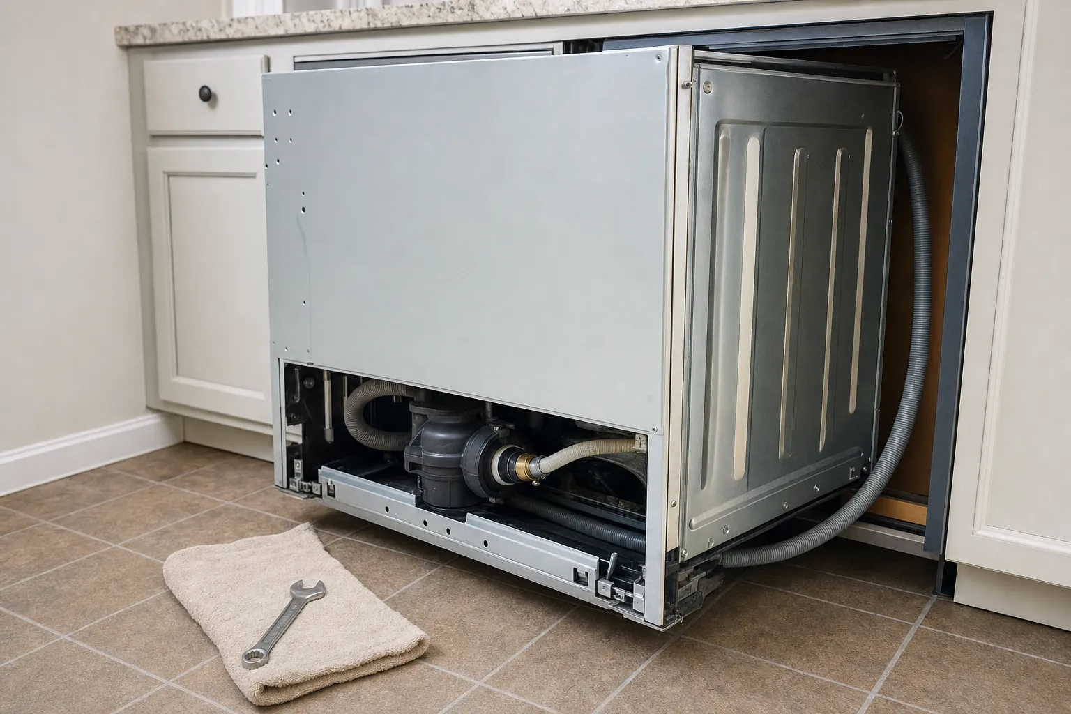 Dishwasher rolled clear of the cabinet, drain hose looped out and the pump visible under the tub