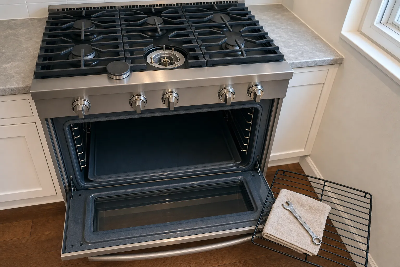 Wide stainless range with continuous grates, its centre burner uncapped, oven door open and a wrench on a towel over the rack