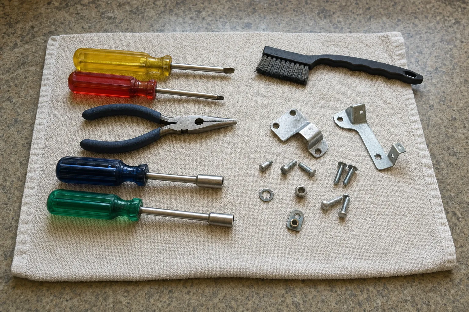 Two screwdrivers, needle-nose pliers and two nut drivers on a towel over stone, with a nylon brush and two stamped steel brackets